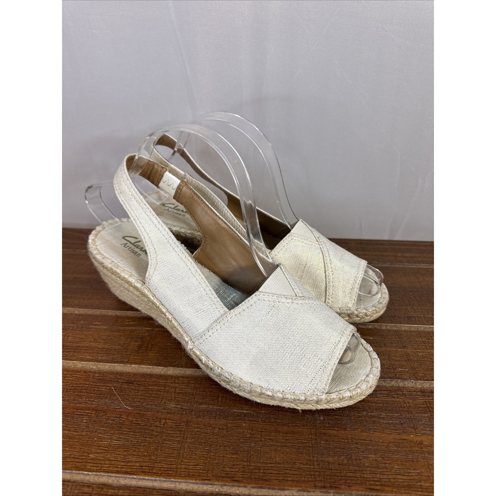 Clarks Artisan Gold Metallic Ivory Fabric Espadrille Wedge Sandal 9M
